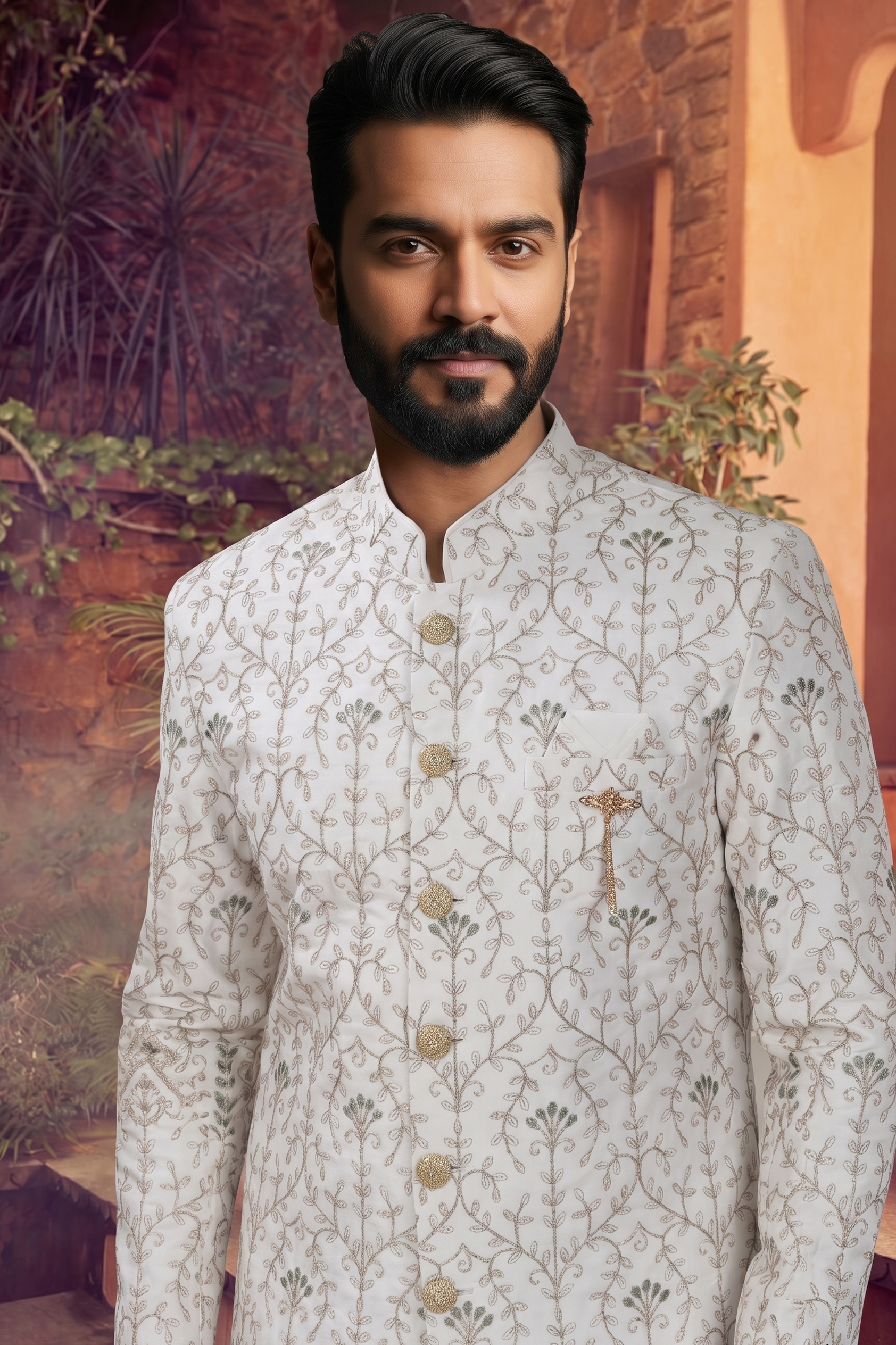 Men's SILK OFF-WHITE(GREEN AND GOLD EMBROIDARY)  SHERWANI