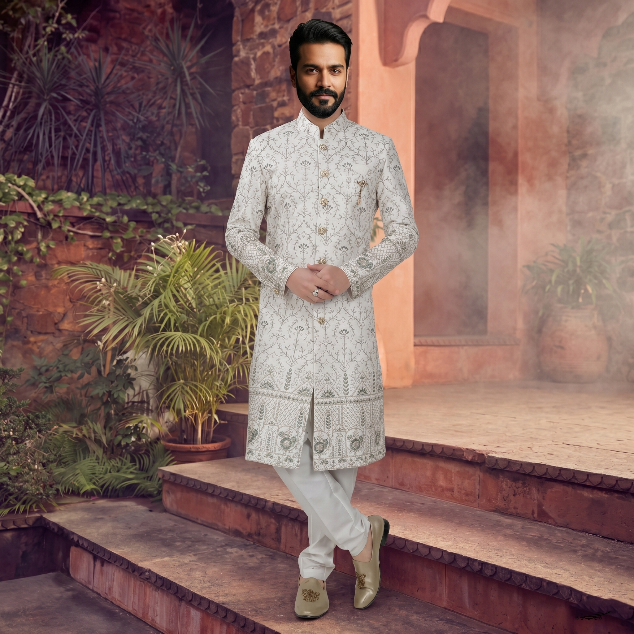 Men's SILK OFF-WHITE(GREEN AND GOLD EMBROIDARY)  SHERWANI