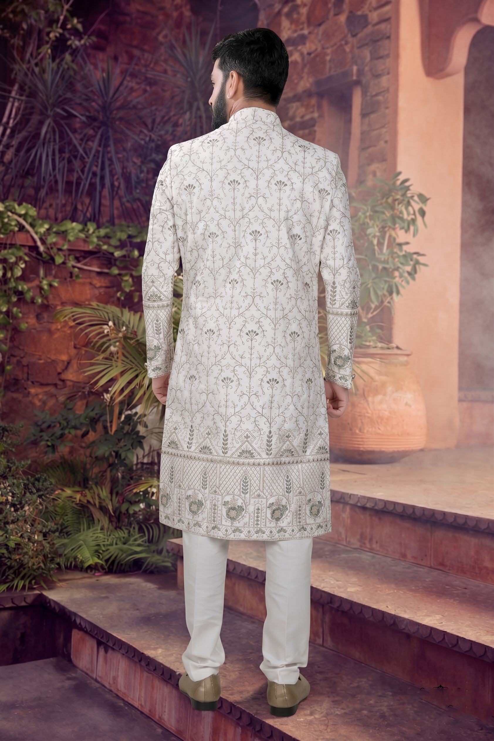 Men's SILK OFF-WHITE(GREEN AND GOLD EMBROIDARY)  SHERWANI