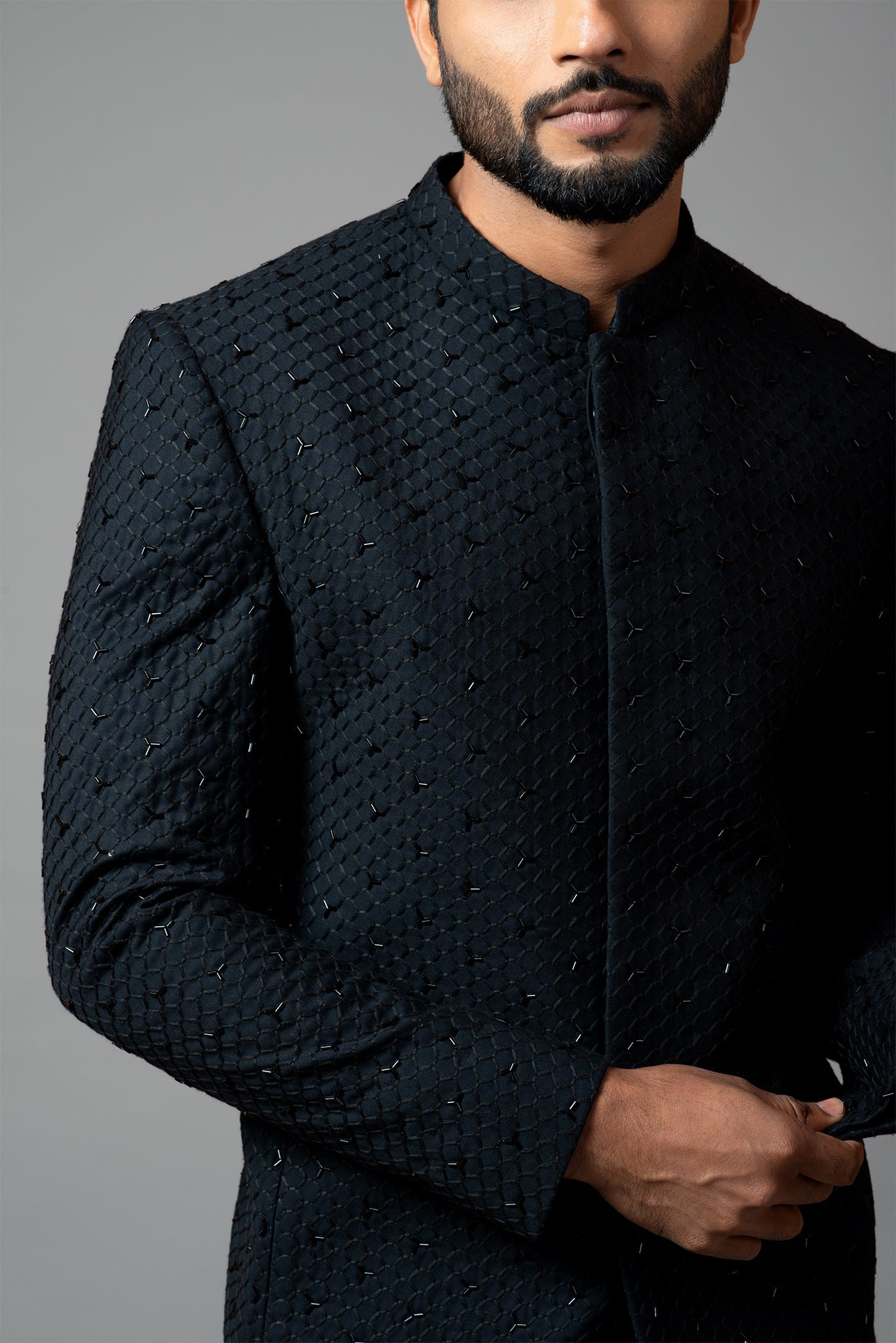 Bandhgala With Honeycomb And  Katdana Embroidery Set