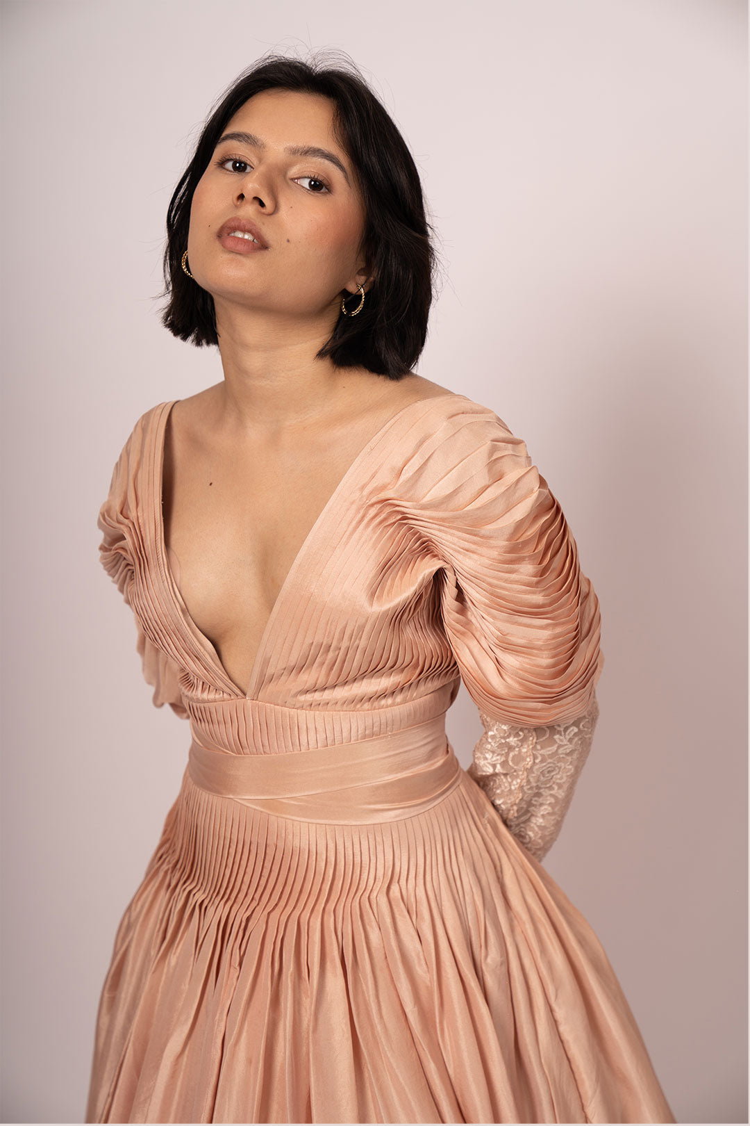 Requeen Pure Silk Layered Hourglass Dress with Structured Neckline