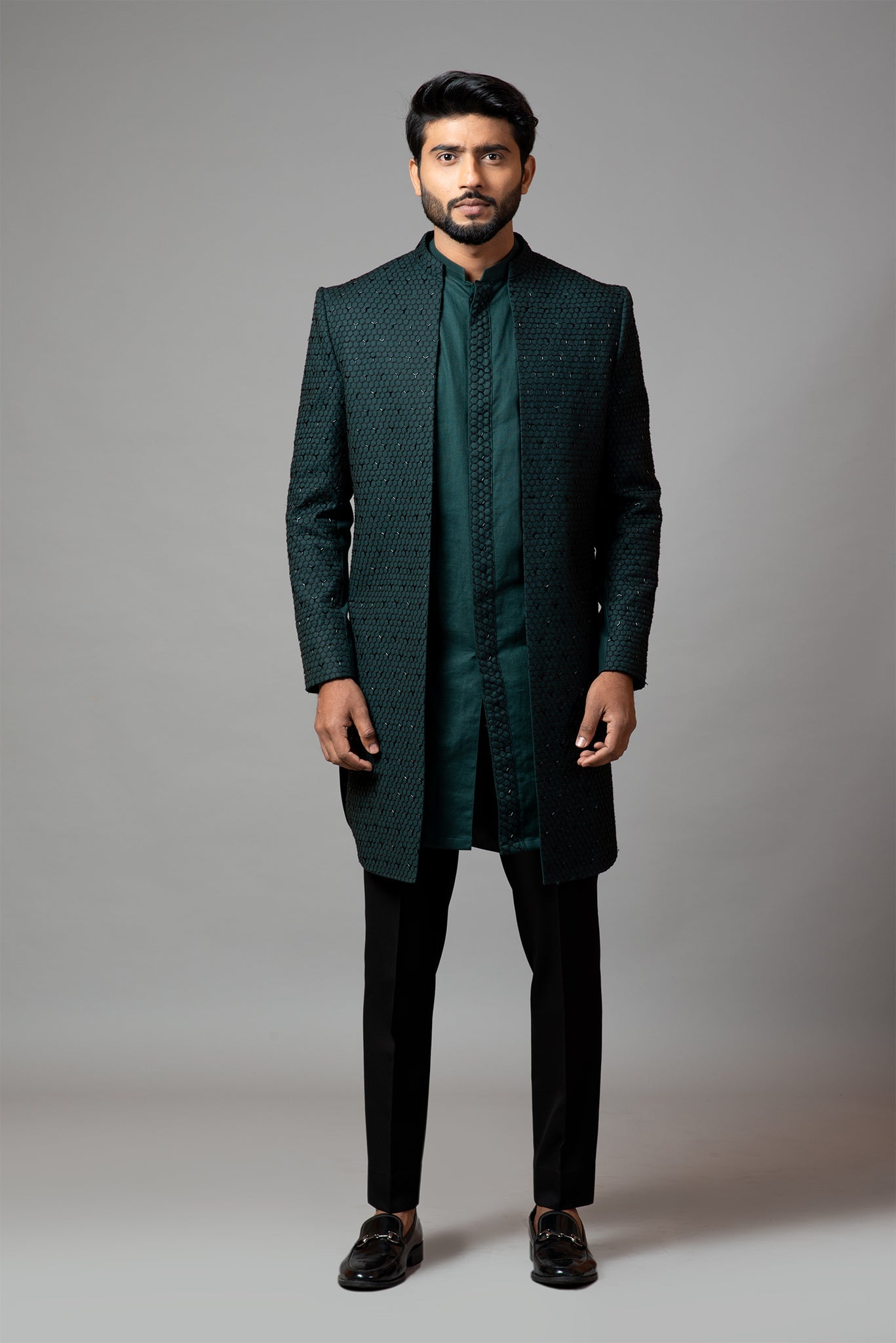 Straight Cut Fully Embroidered Achkan With Kurta And Trousers Set