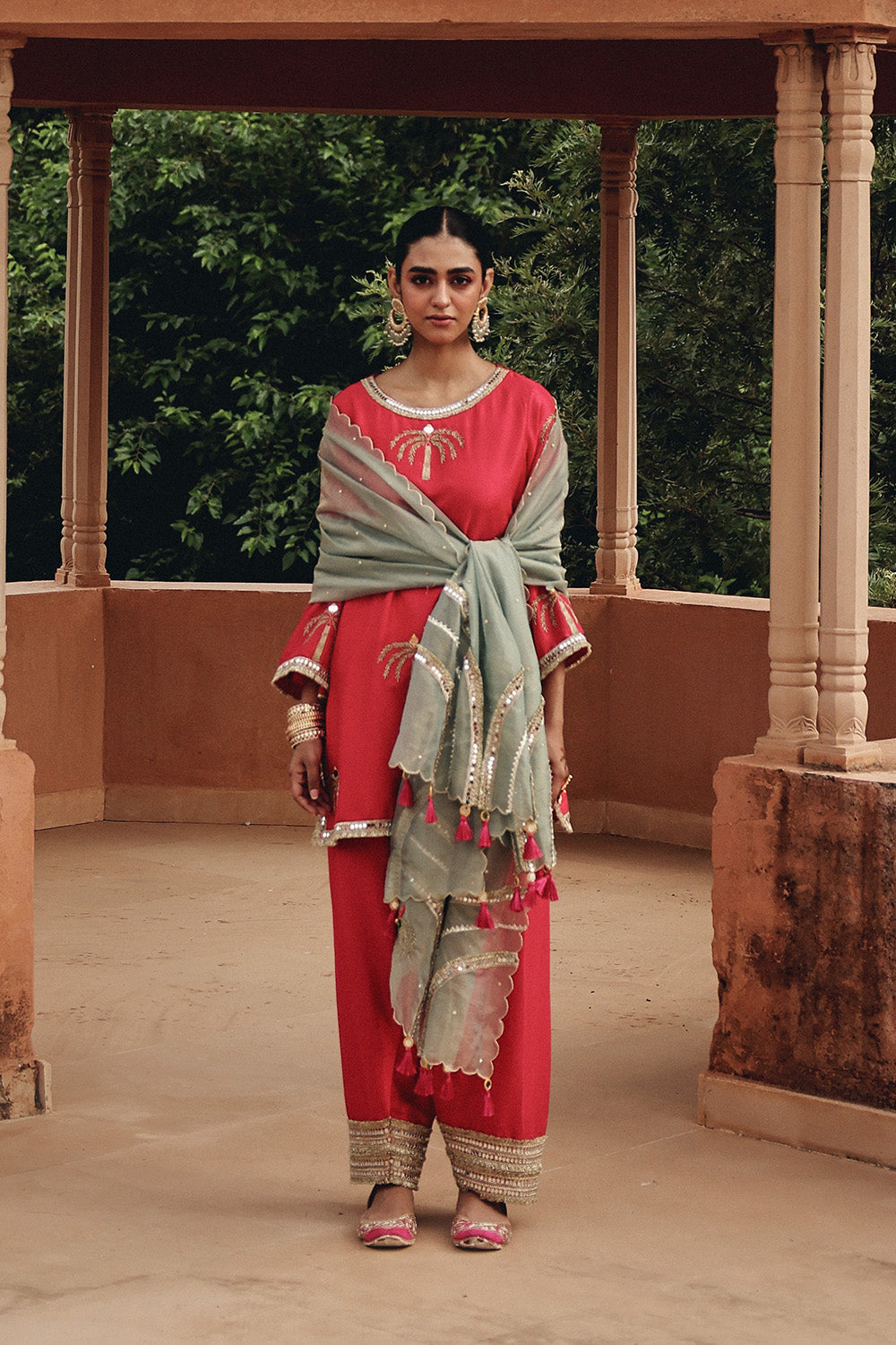 Rani Pink Gold Palm Silk Blend Kurta Set with Organza Dupatta