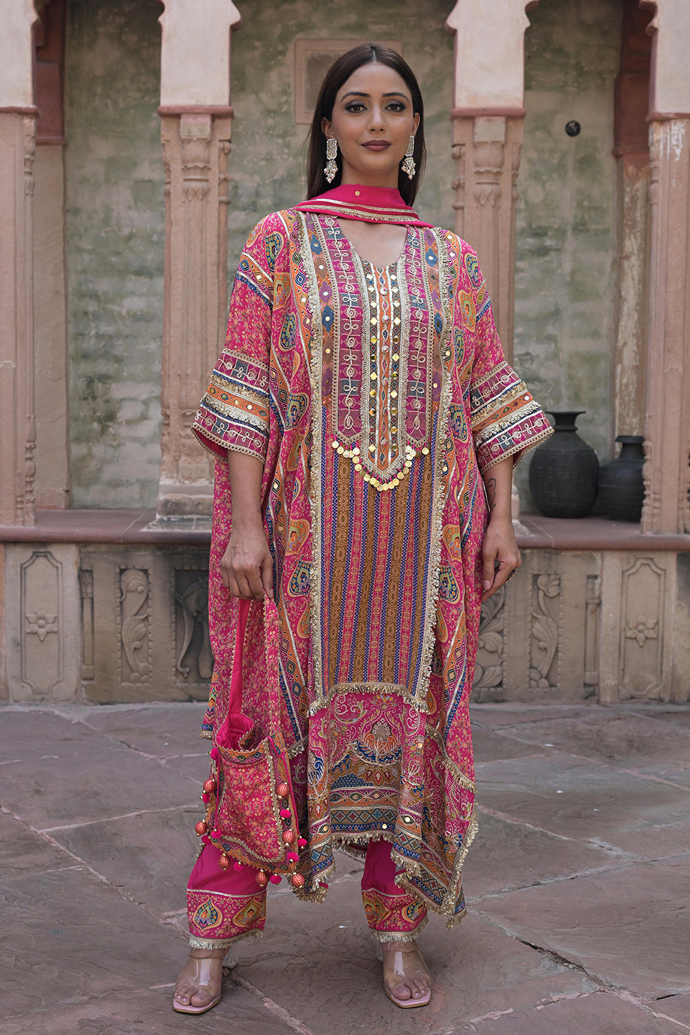 Rani Pink Viscose Crepe Kaftan Pant Set - Ethnic Party Outfit