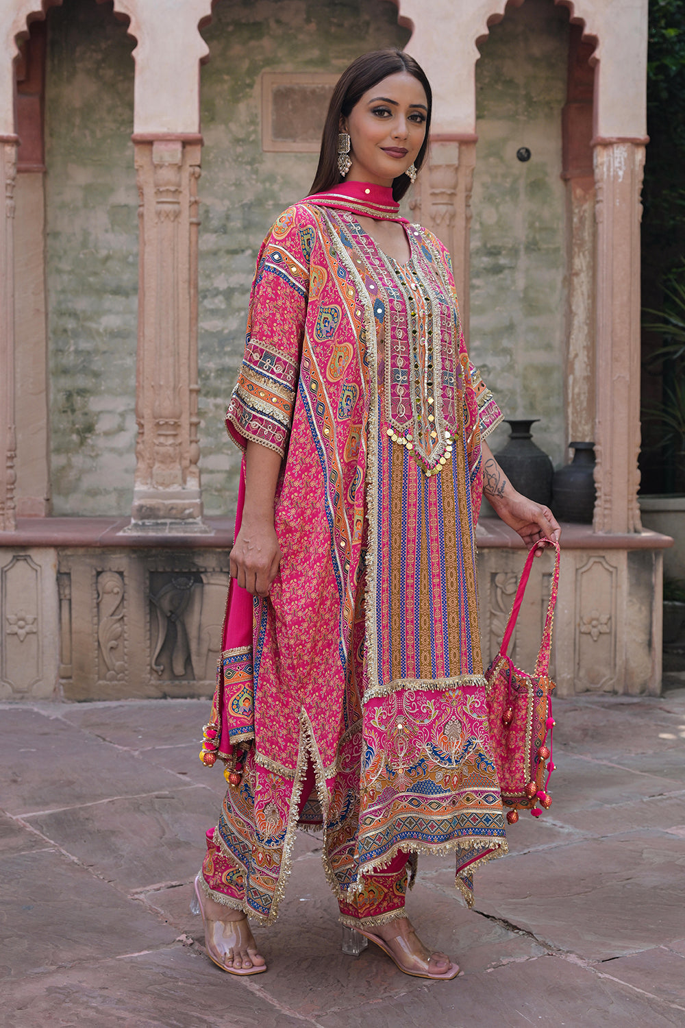 Rani Pink Viscose Crepe Kaftan Pant Set - Ethnic Party Outfit