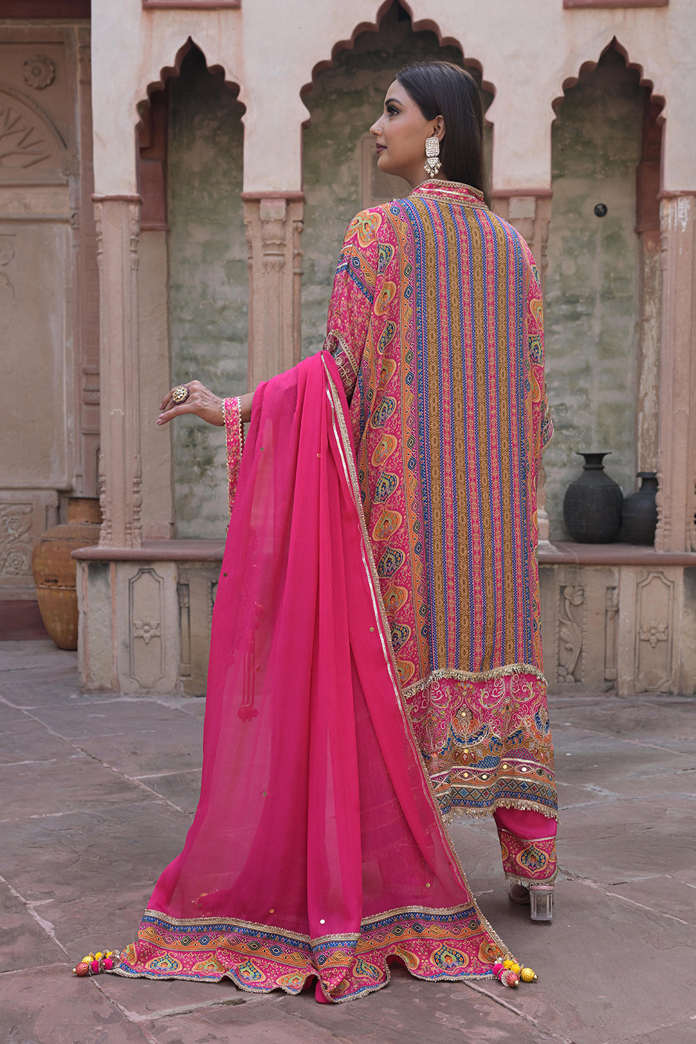 Rani Pink Viscose Crepe Kaftan Pant Set - Ethnic Party Outfit