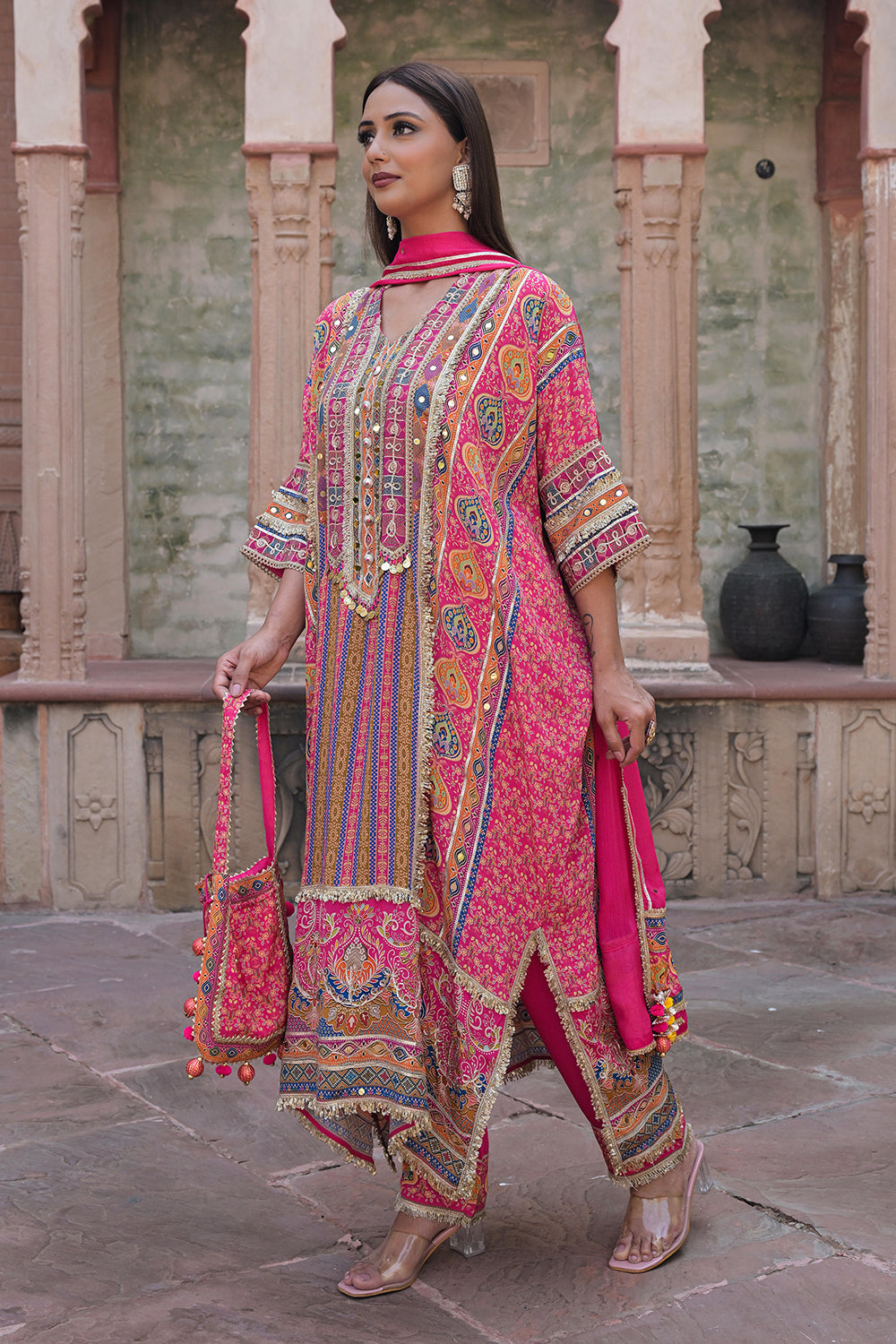 Rani Pink Viscose Crepe Kaftan Pant Set - Ethnic Party Outfit