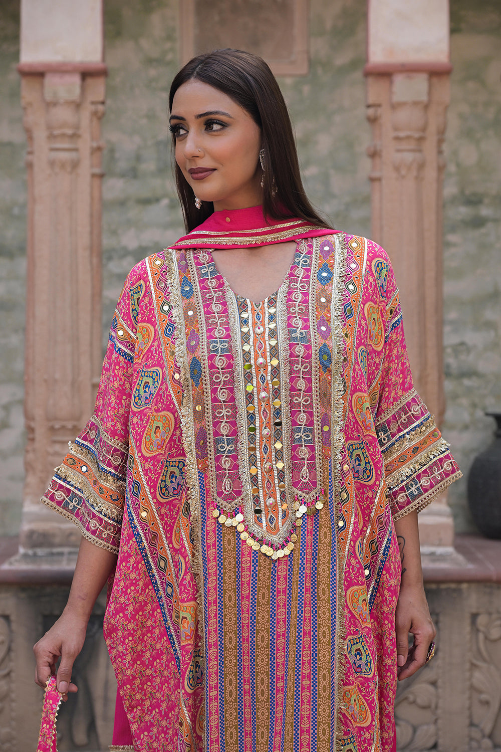 Rani Pink Viscose Crepe Kaftan Pant Set - Ethnic Party Outfit