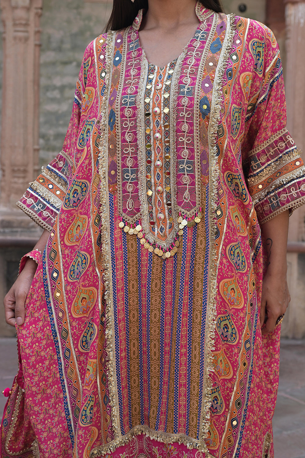 Rani Pink Viscose Crepe Kaftan Pant Set - Ethnic Party Outfit