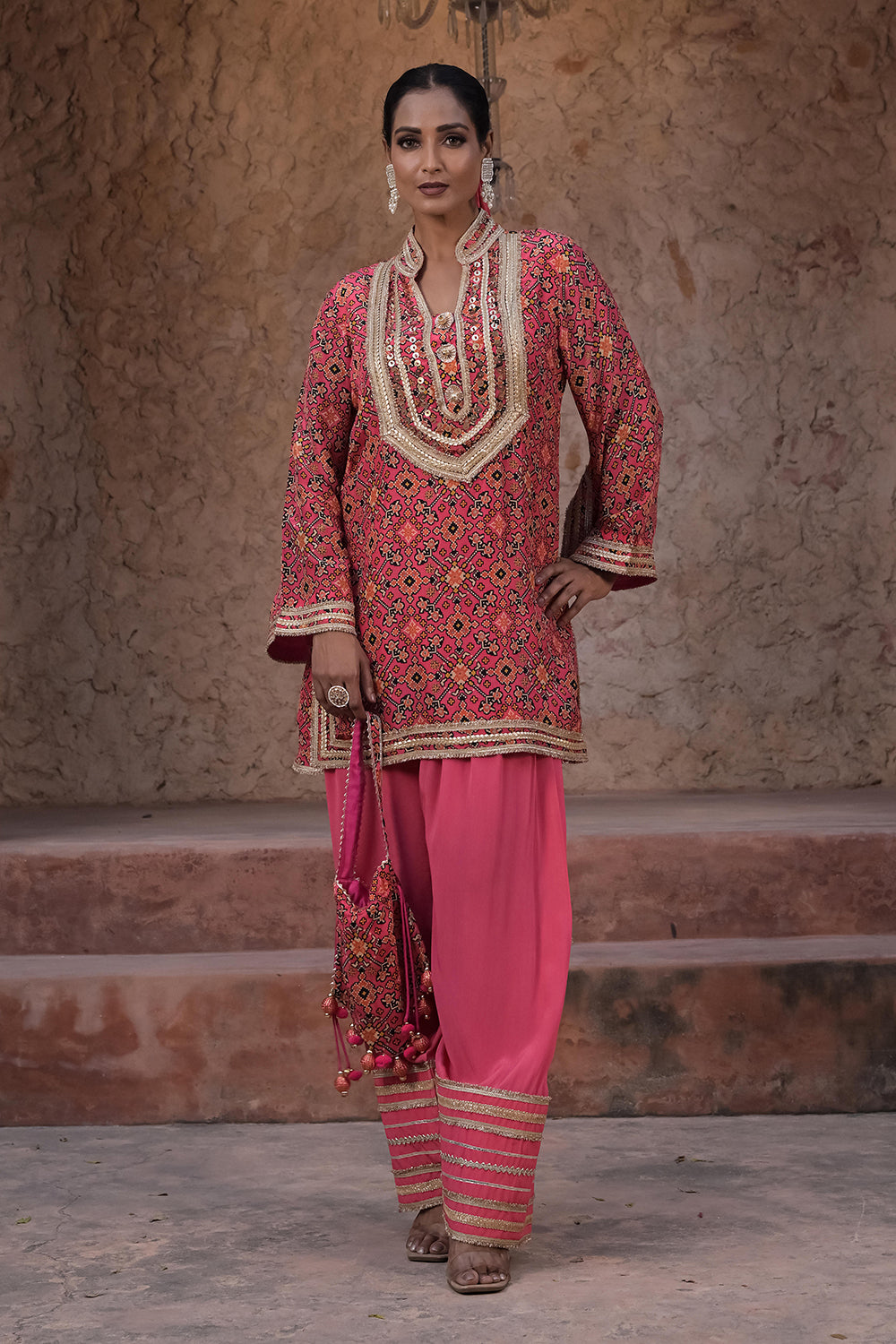 Rani Pink Viscose Crepe Kurti Salwar Set for Festive Occasions