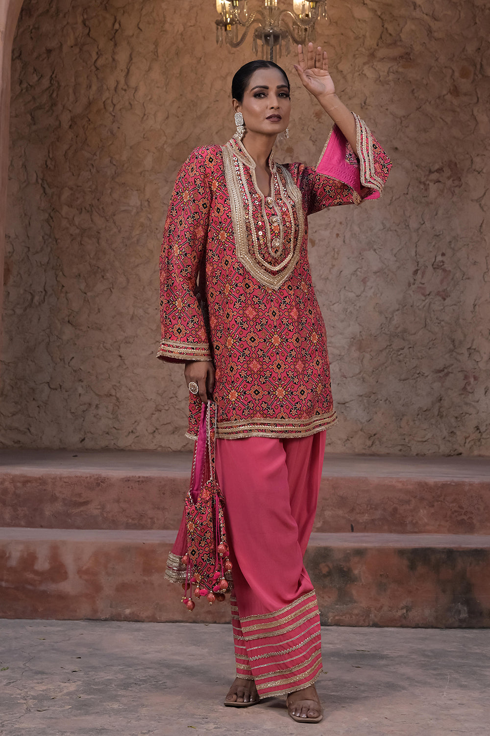 Rani Pink Viscose Crepe Kurti Salwar Set for Festive Occasions