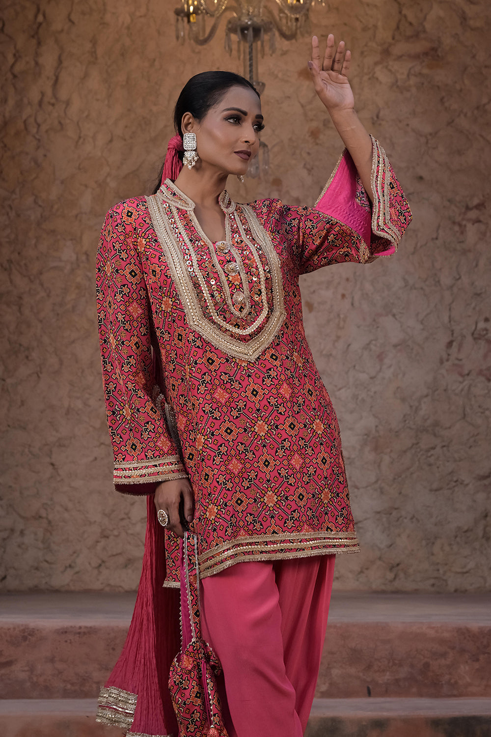 Rani Pink Viscose Crepe Kurti Salwar Set for Festive Occasions
