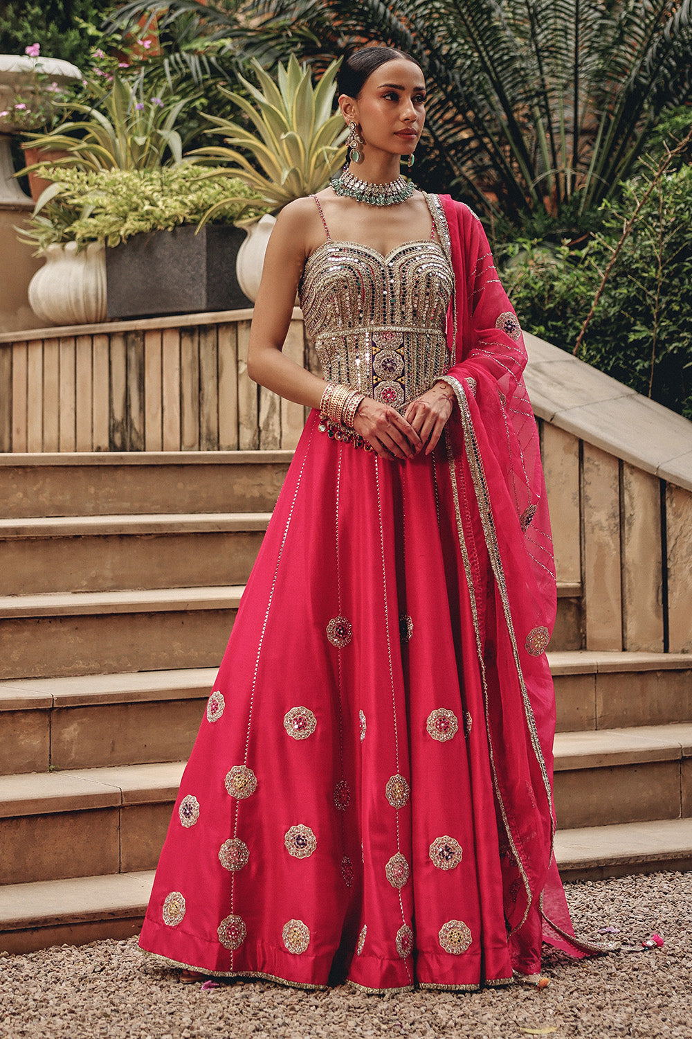 Rani Radiance Skirt Set - Hot Pink Mirror Work Lehenga for Sangeet