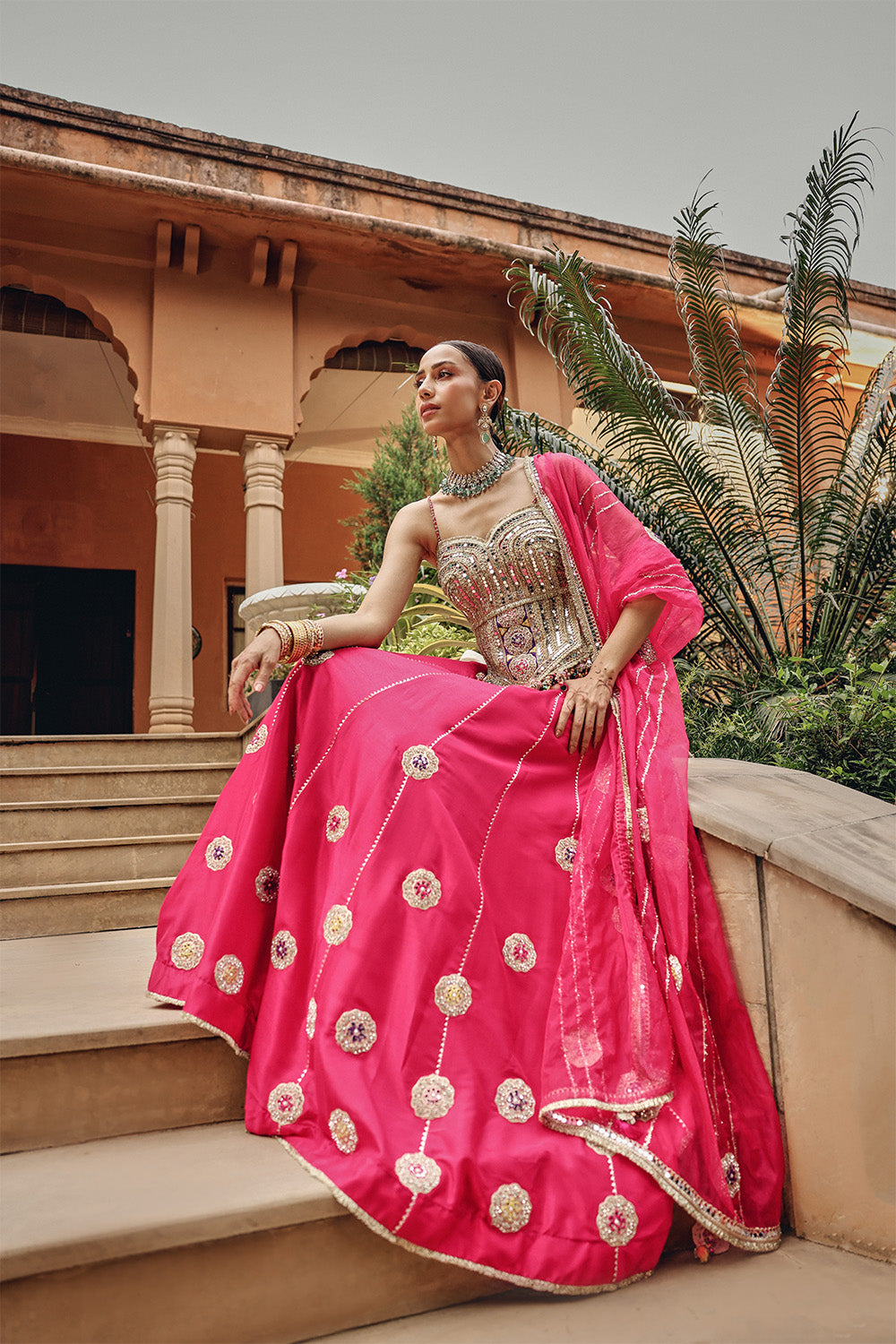 Rani Radiance Skirt Set - Hot Pink Mirror Work Lehenga for Sangeet