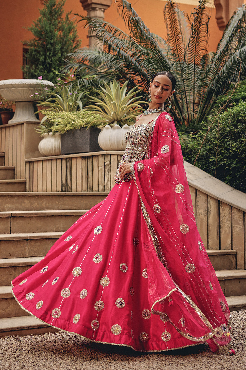 Rani Radiance Skirt Set - Hot Pink Mirror Work Lehenga for Sangeet
