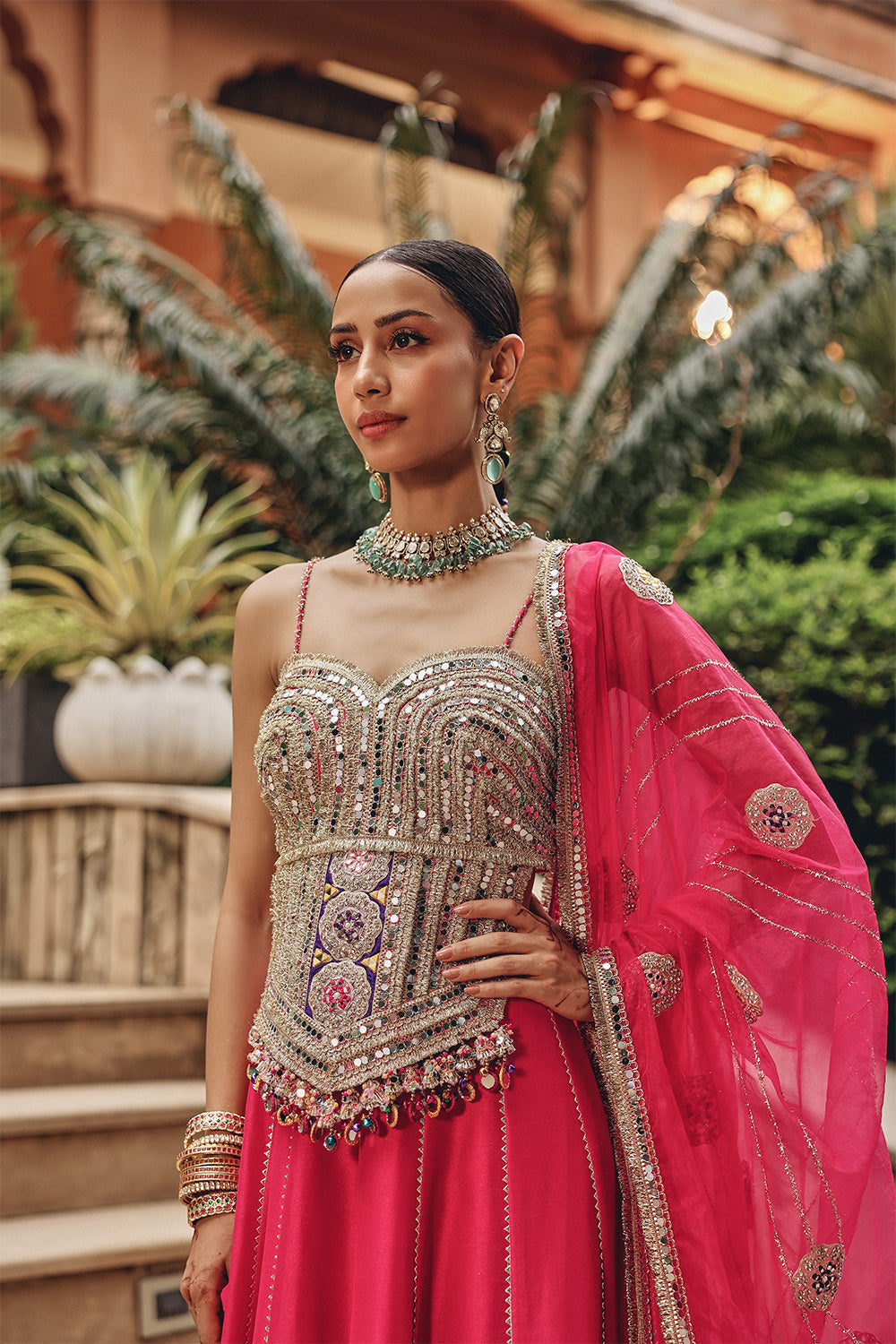Rani Radiance Skirt Set - Hot Pink Mirror Work Lehenga for Sangeet