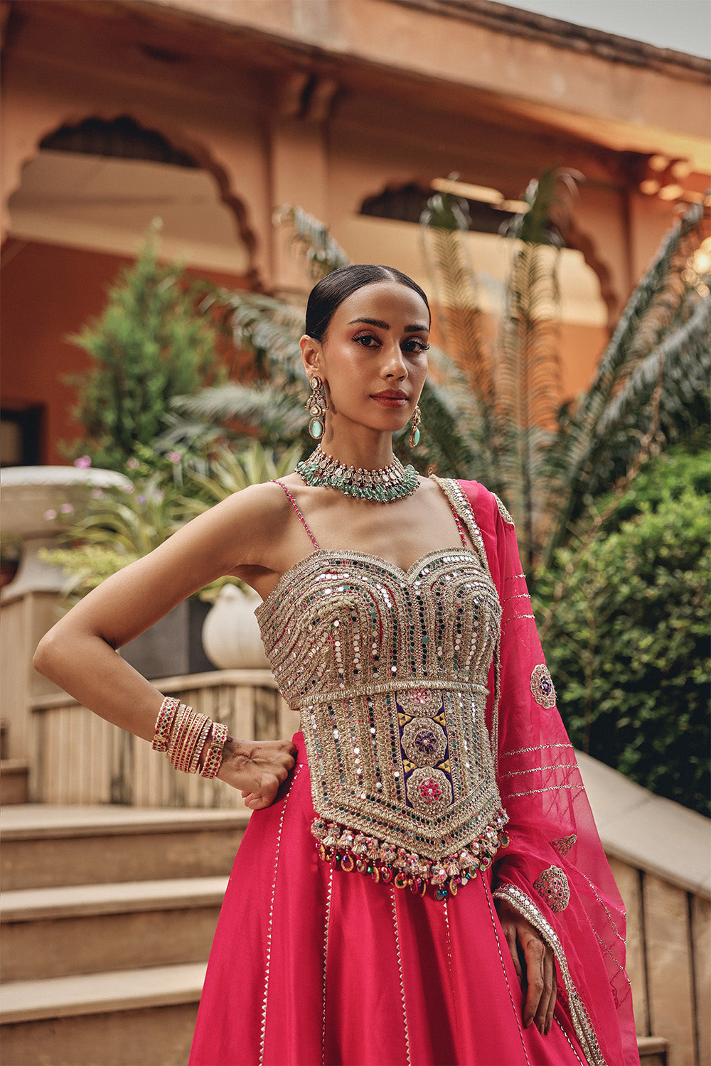 Rani Radiance Skirt Set - Hot Pink Mirror Work Lehenga for Sangeet