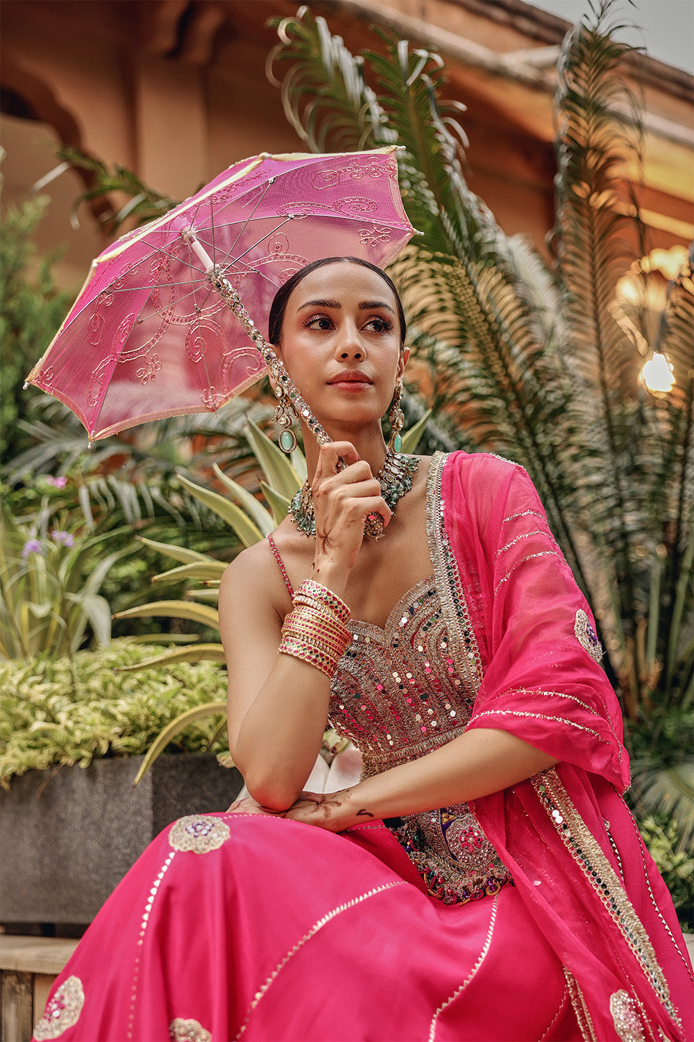 Rani Radiance Hot Pink Mirror Work Skirt Set for Sangeet