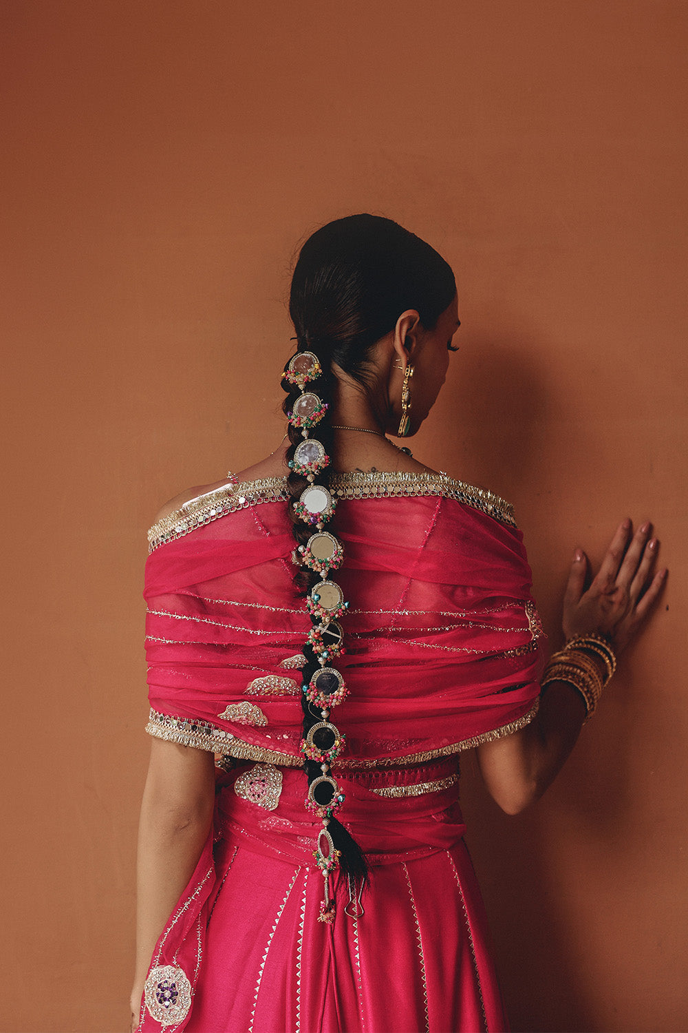 Rani Radiance Hot Pink Mirror Work Skirt Set for Sangeet