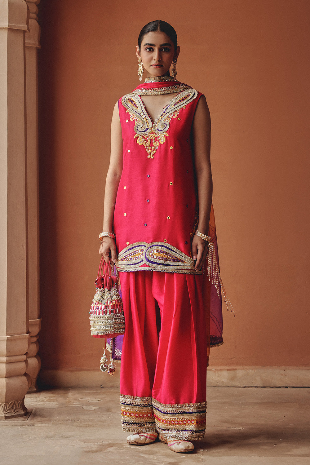 Rani Sitara-E-Chamak Hot Pink Silk Blend Embroidered Sharara Set