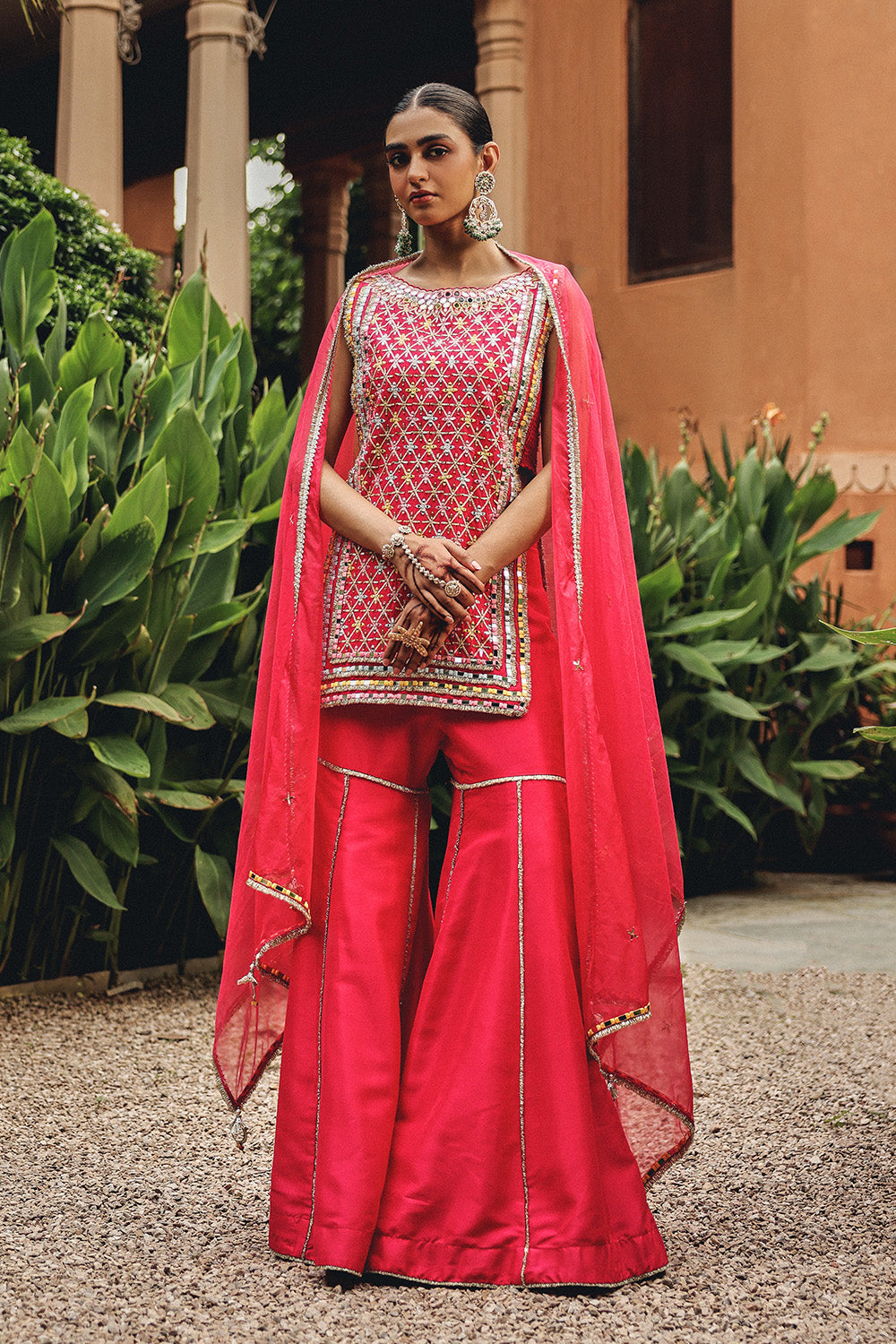 Rani Pink Mirror Work Kurti Set with Flared Garara & Organza Dupatta