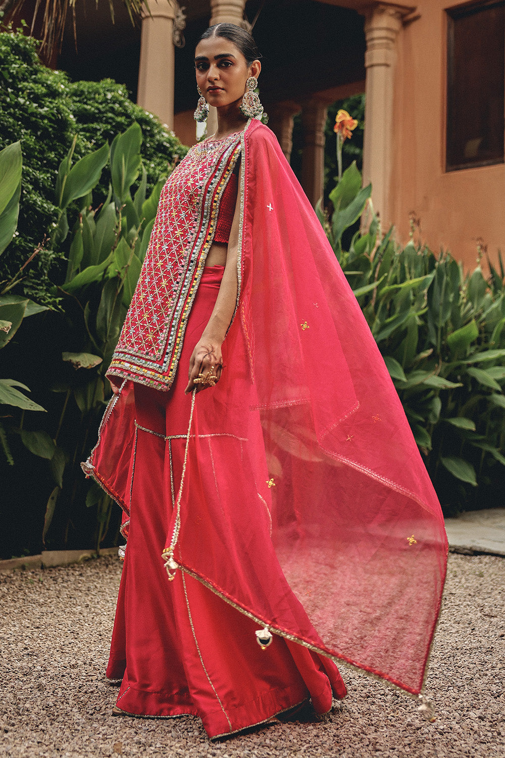 Rani Pink Mirror Work Kurti Set with Flared Garara & Organza Dupatta
