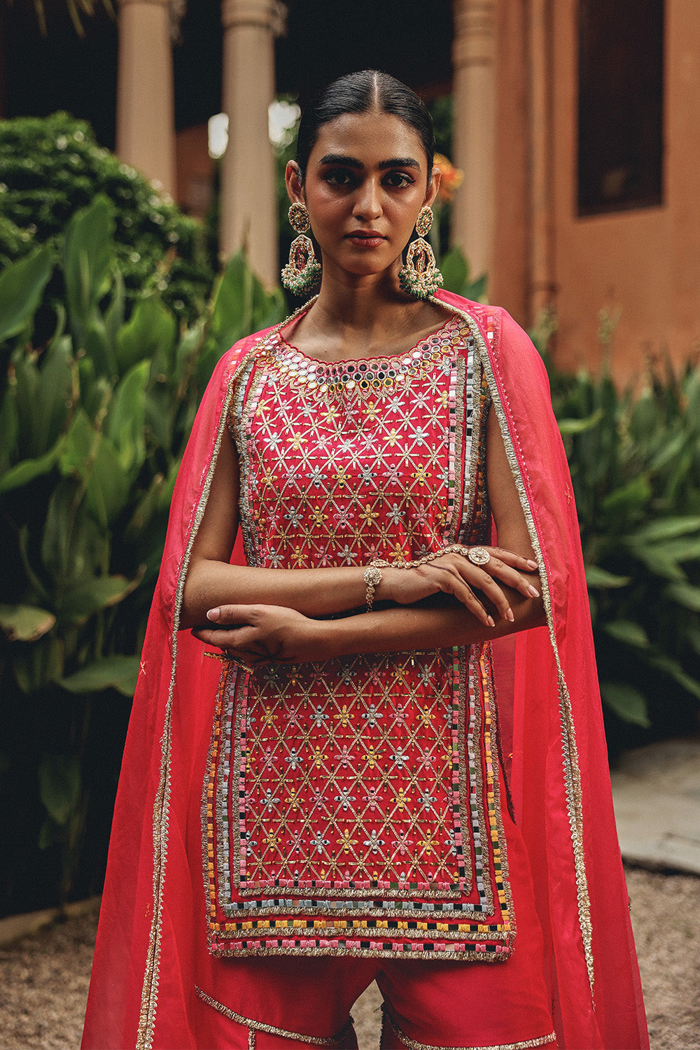 Rani Pink Mirror Work Kurti Set with Flared Garara & Organza Dupatta