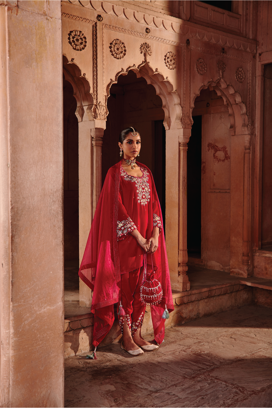 Rani Pink Embroidered Velvet Choga Kurta with Dhoti & Organza Dupatta