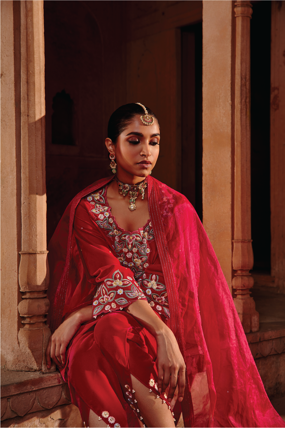 Rani Pink Embroidered Velvet Choga Kurta with Dhoti & Organza Dupatta