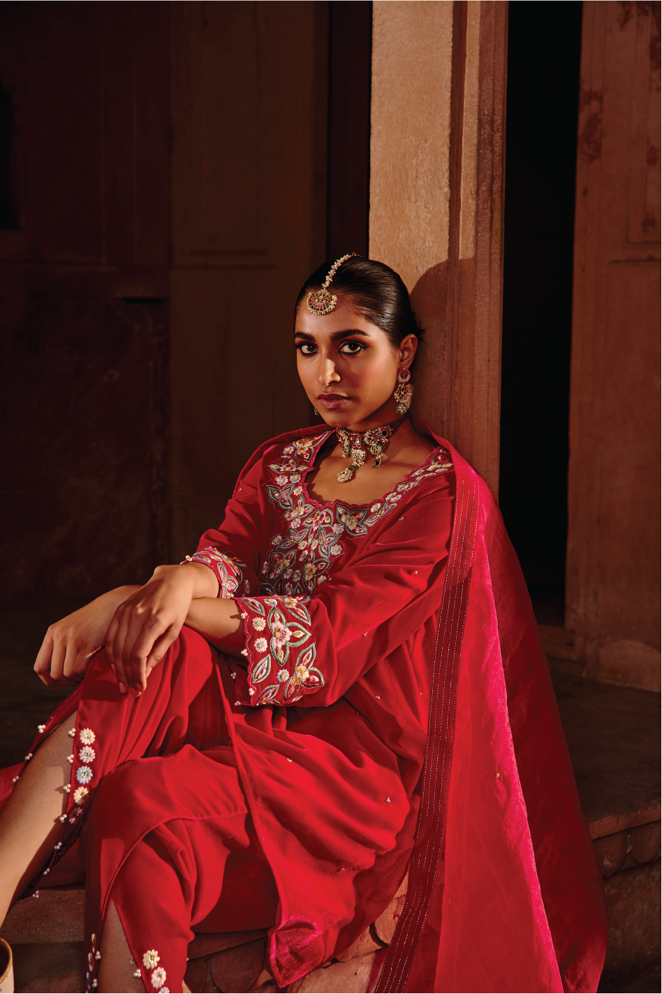 Rani Pink Embroidered Velvet Choga Kurta with Dhoti & Organza Dupatta