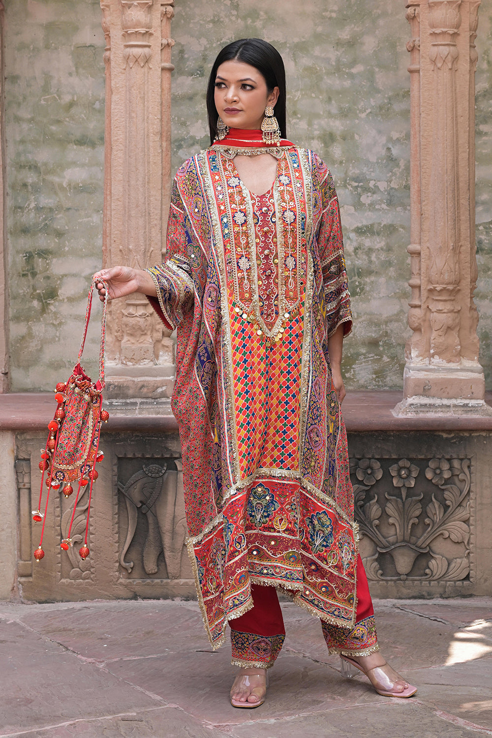 Red Crepe Kaftan Pant Set with Rich Embroidery - Indian Festive Wear
