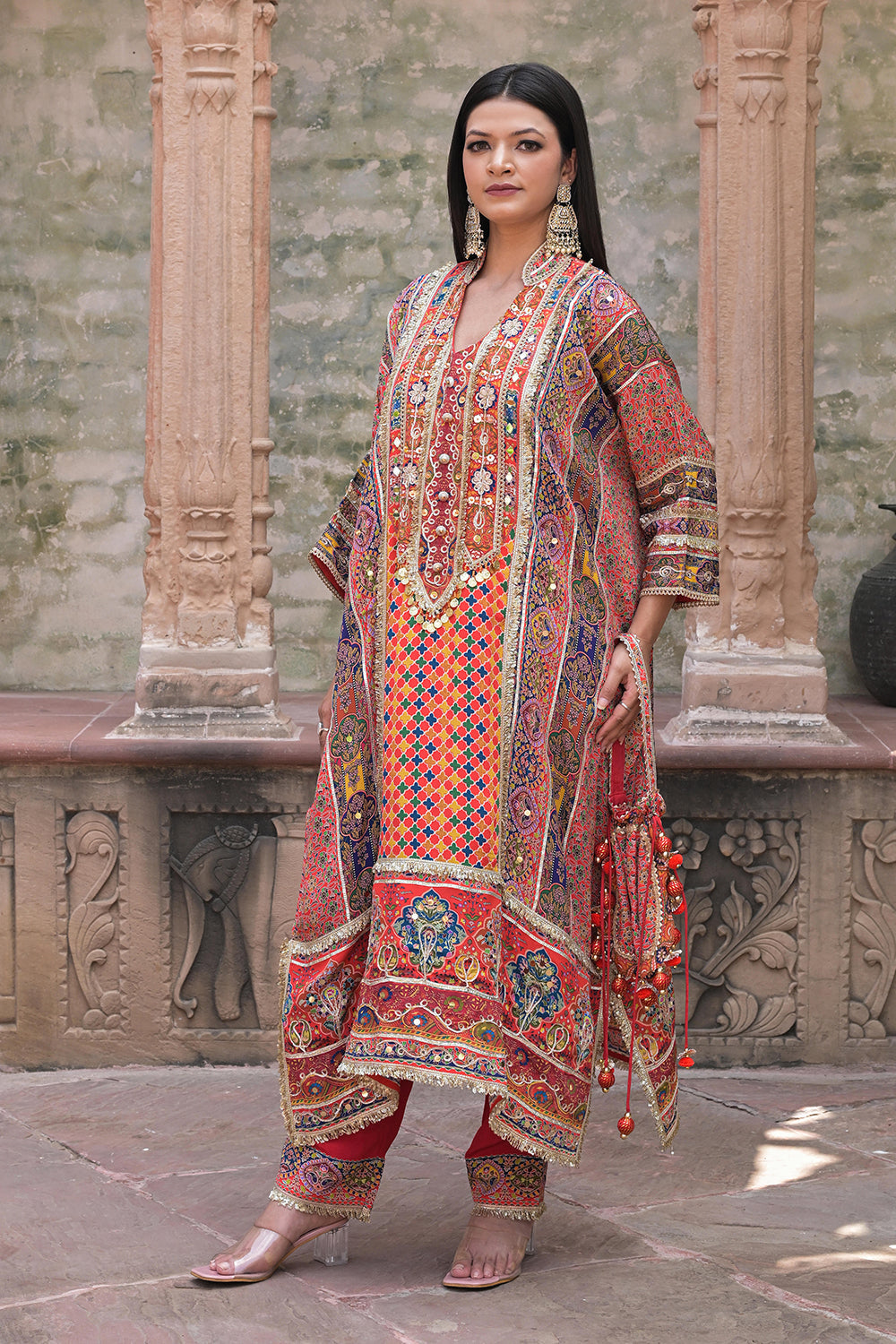 Red Crepe Kaftan Pant Set with Rich Embroidery - Indian Festive Wear