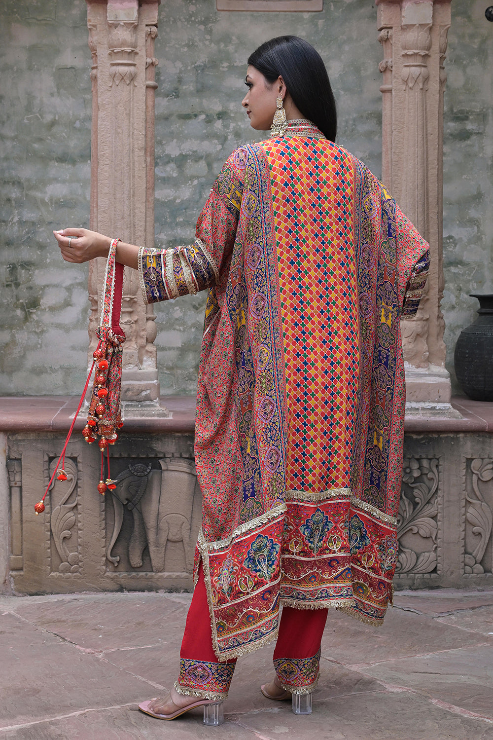 Red Crepe Kaftan Pant Set with Rich Embroidery - Indian Festive Wear
