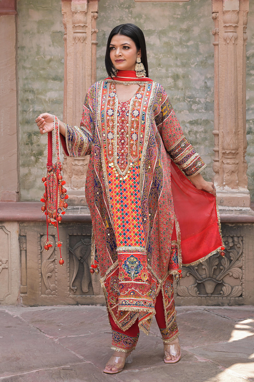 Red Crepe Kaftan Pant Set with Rich Embroidery - Indian Festive Wear