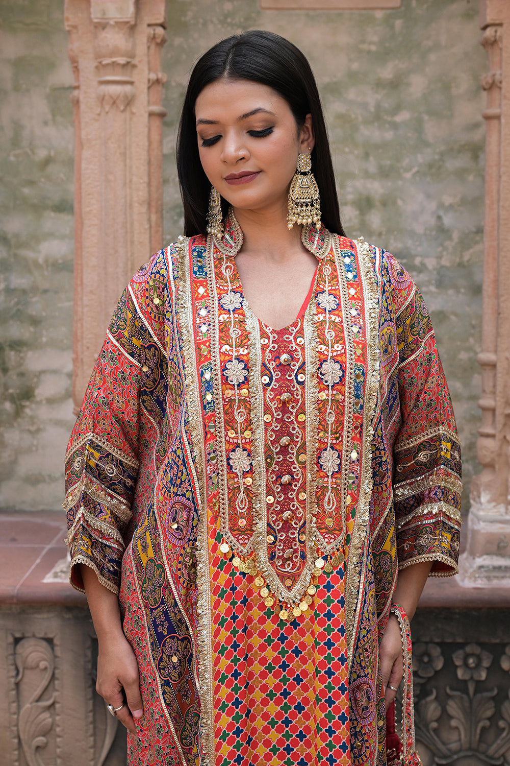 Red Crepe Kaftan Pant Set with Rich Embroidery - Indian Festive Wear