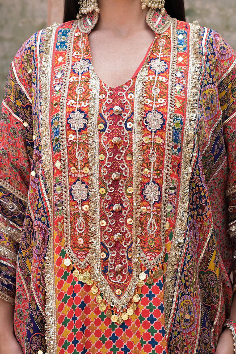 Red Crepe Kaftan Pant Set with Rich Embroidery - Indian Festive Wear