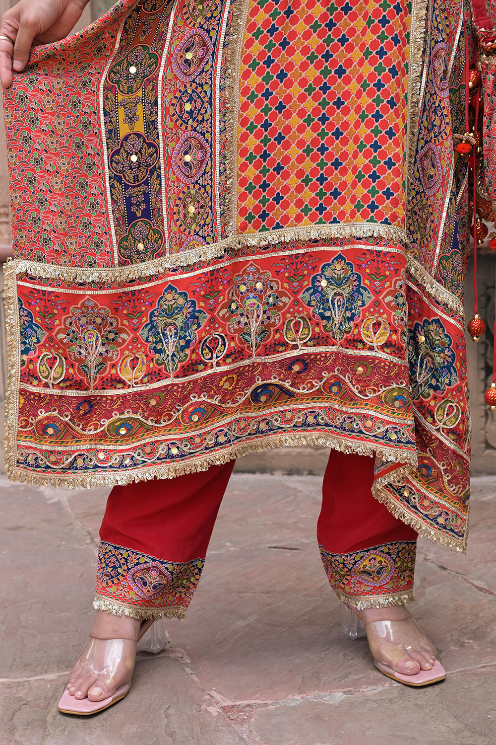 Red Crepe Kaftan Pant Set with Rich Embroidery - Indian Festive Wear