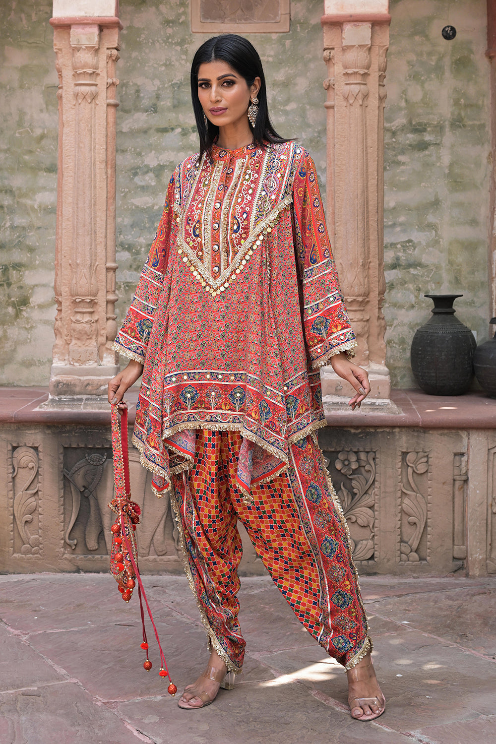 Red Viscose Crepe Suit Set with Tulip Pants - Elegant Ethnic Wear