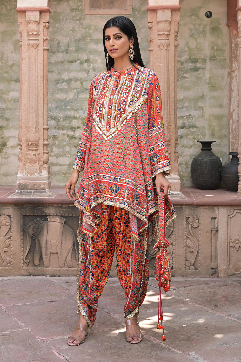Red Viscose Crepe Suit Set with Tulip Pants - Elegant Ethnic Wear