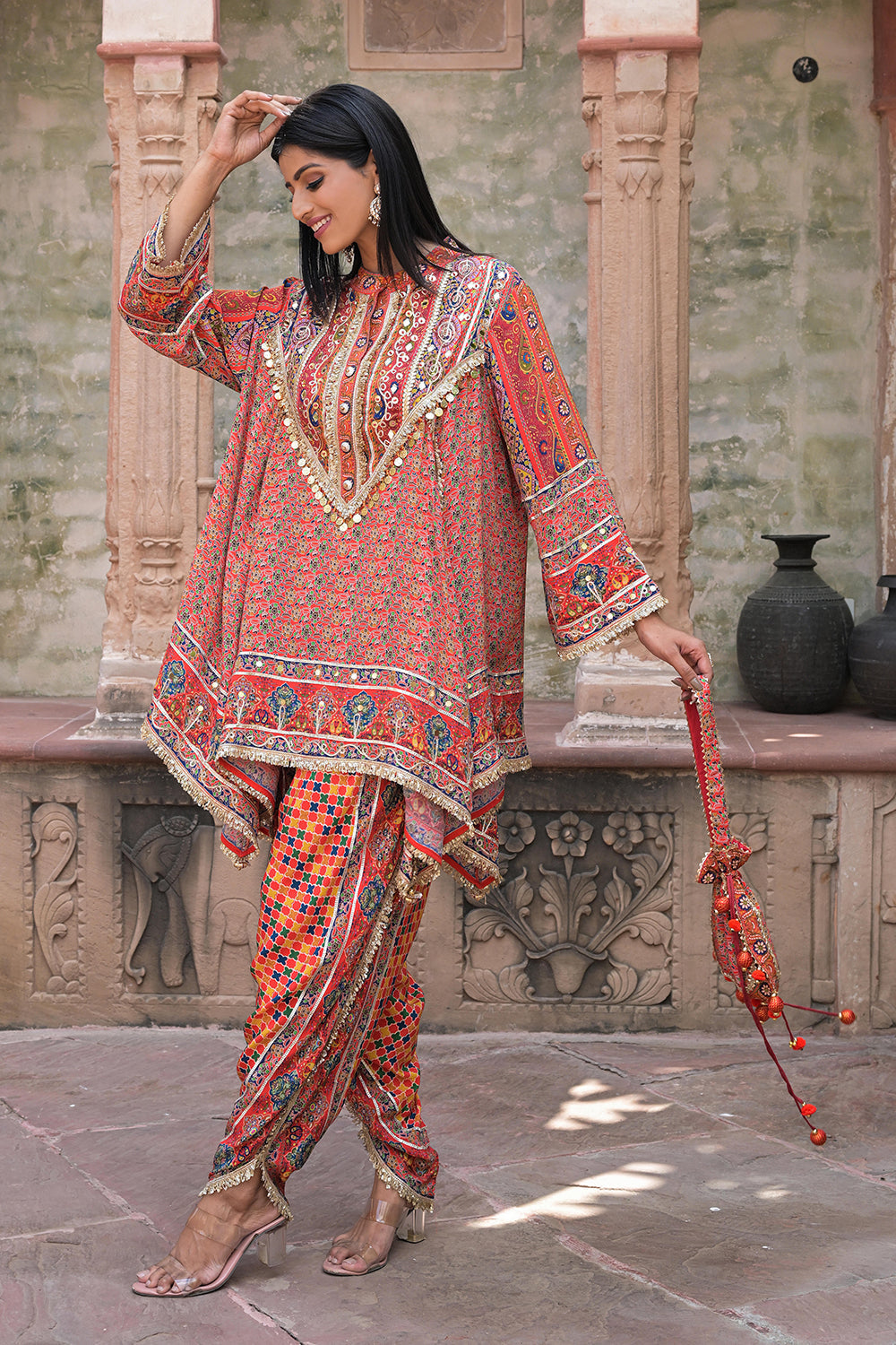 Red Viscose Crepe Suit Set with Tulip Pants - Elegant Ethnic Wear