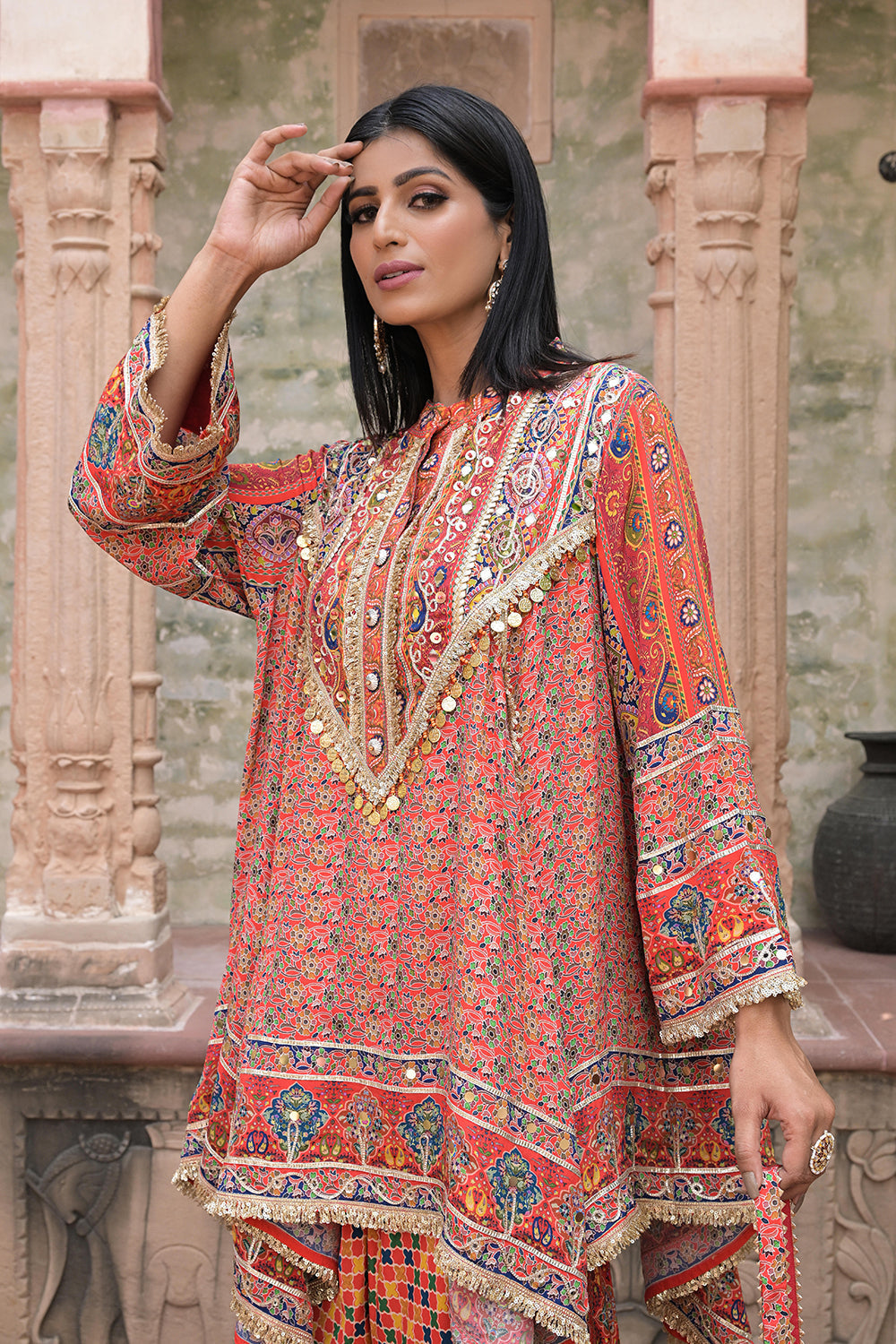 Red Viscose Crepe Suit Set with Tulip Pants - Elegant Ethnic Wear