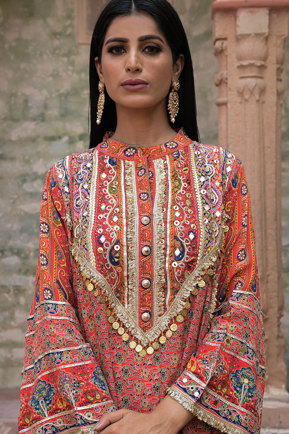 Red Viscose Crepe Suit Set with Tulip Pants - Elegant Ethnic Wear