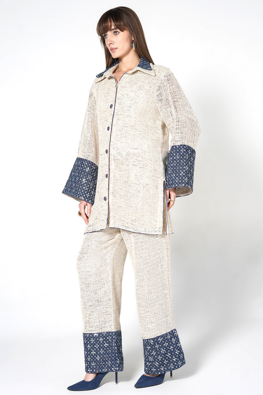 Resha Jute Designer Co-ord Set: Textured Shirt & Palazzo Set