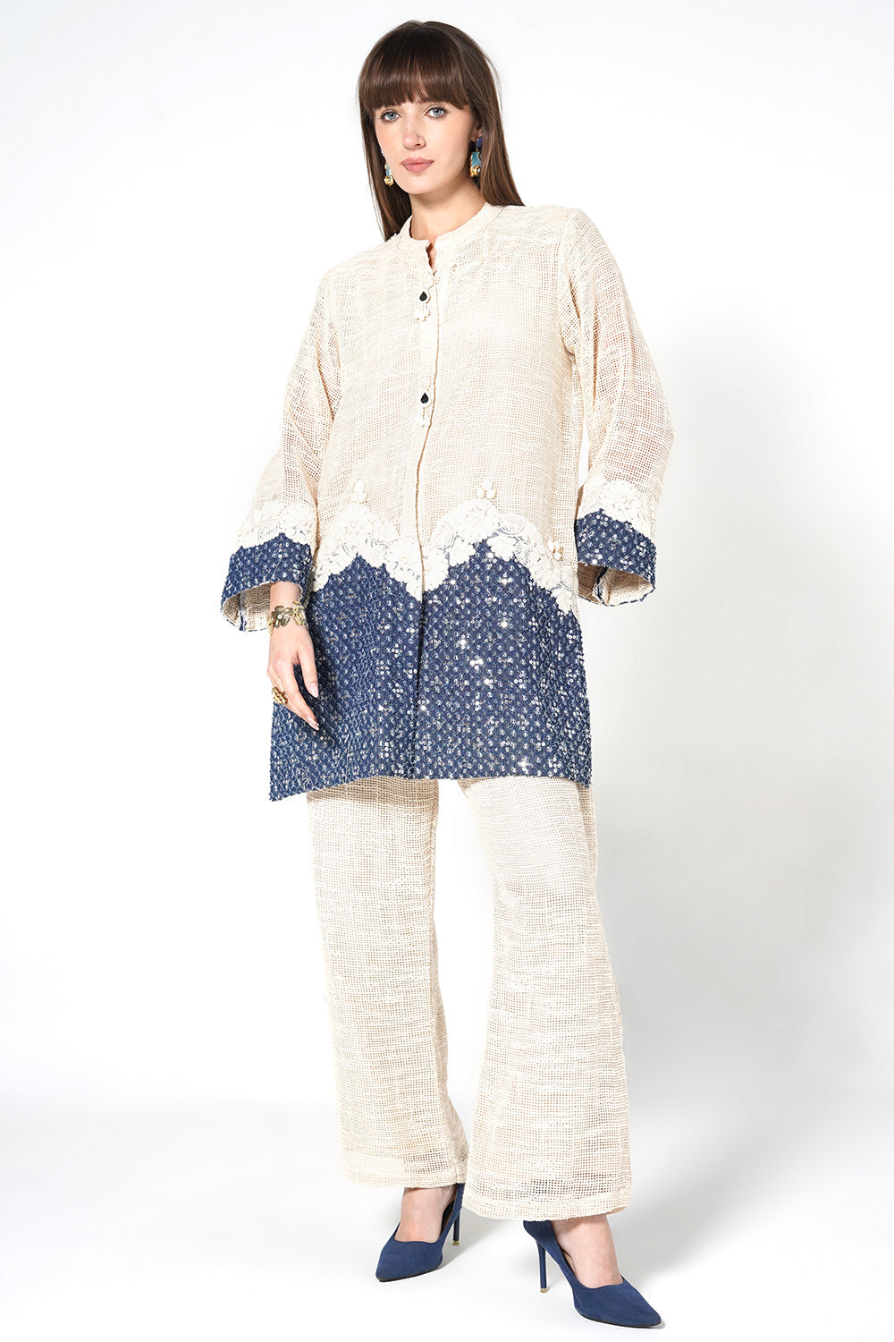 Resha Jute Lace Detail Designer Co-Ord Set - Shirt & Palazzo