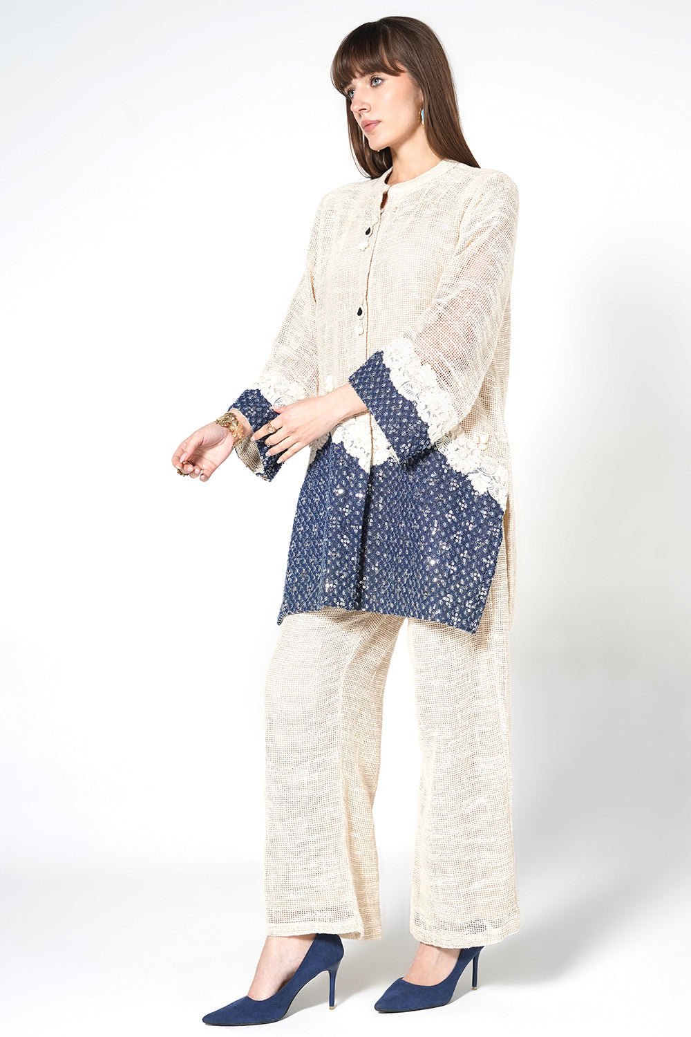 Resha Jute Lace Detail Designer Co-Ord Set - Shirt & Palazzo