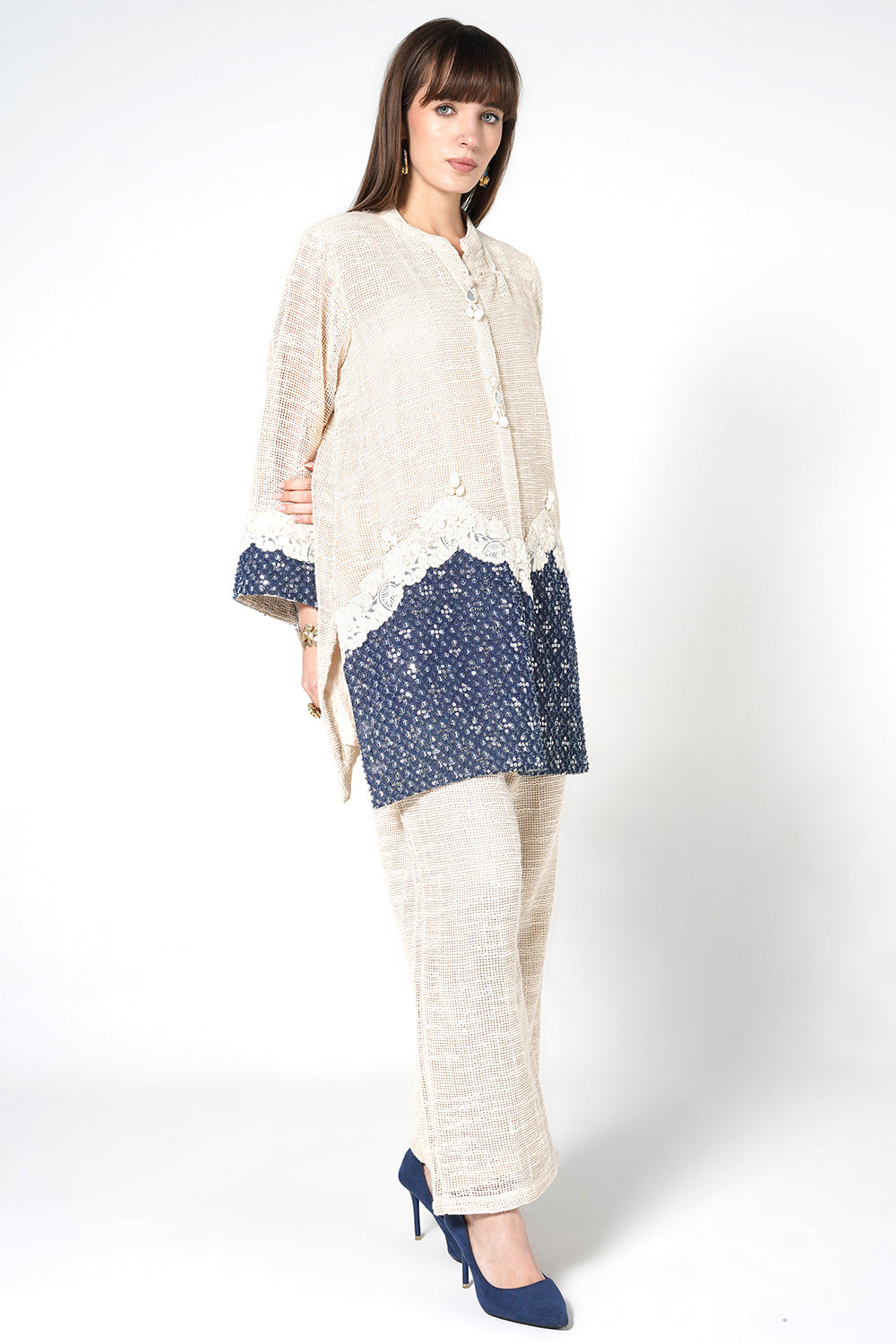 Resha Jute Lace Detail Designer Co-Ord Set - Shirt & Palazzo