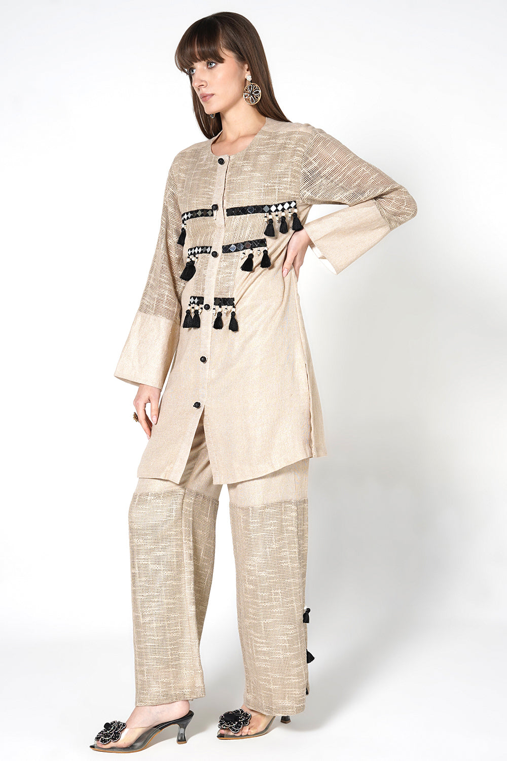 Resha Jute Structured Designer Co-Ord Set with Tassel Detail