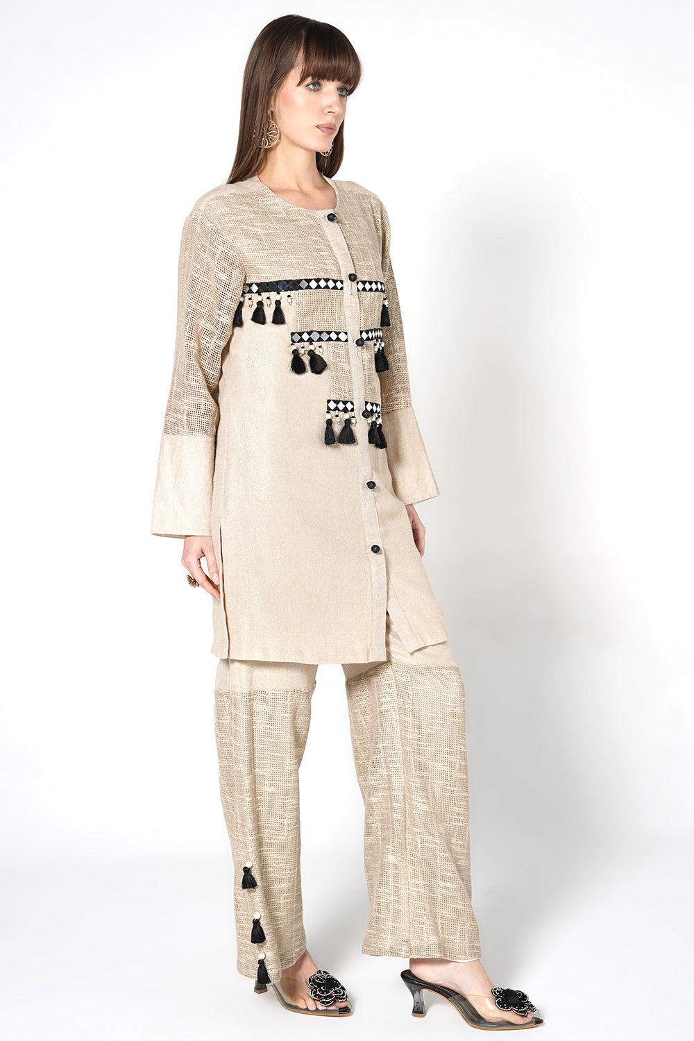 Resha Jute Structured Designer Co-Ord Set with Tassel Detail