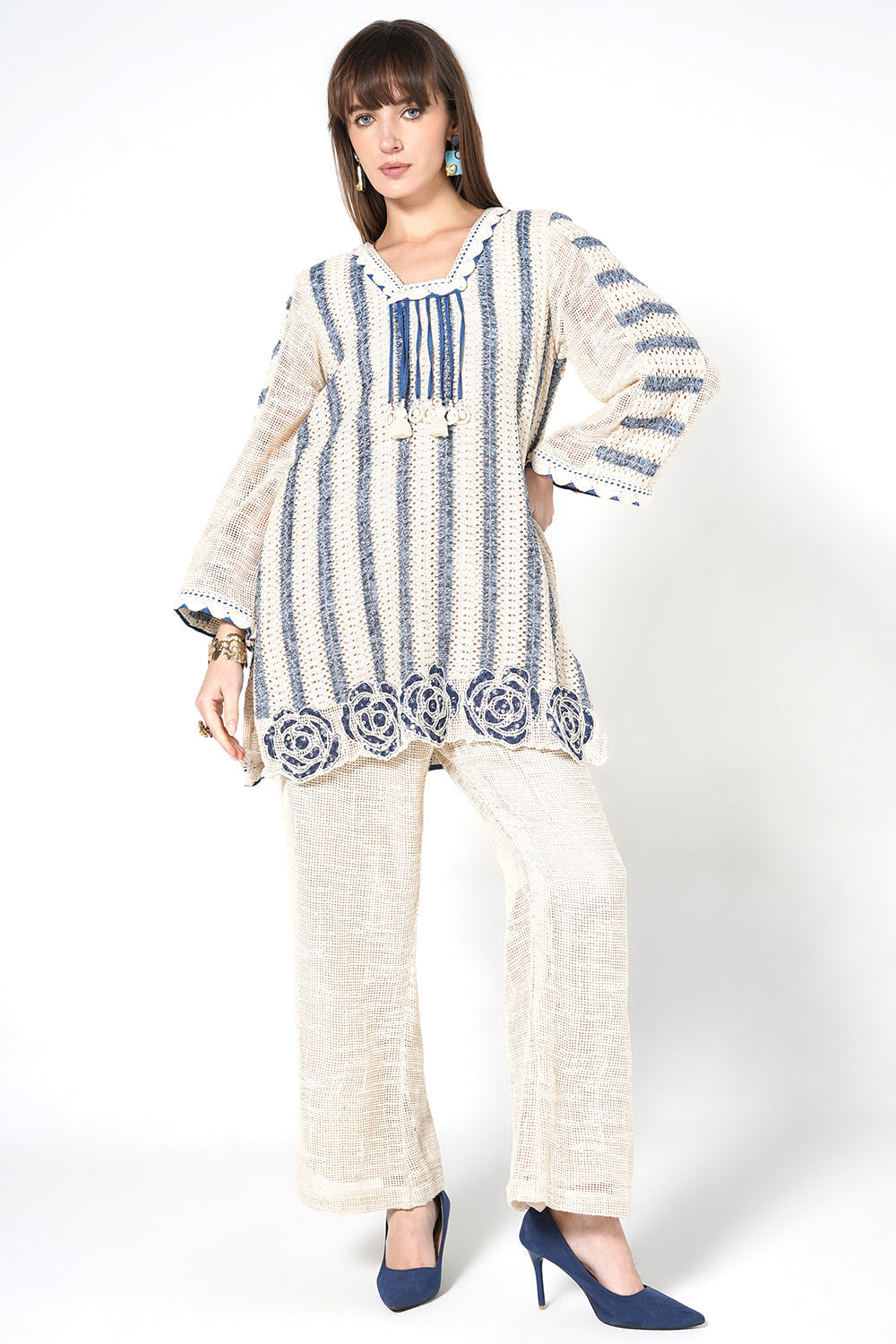 Resha Striped Jute Designer Co-Ord Set with Tassel Detail