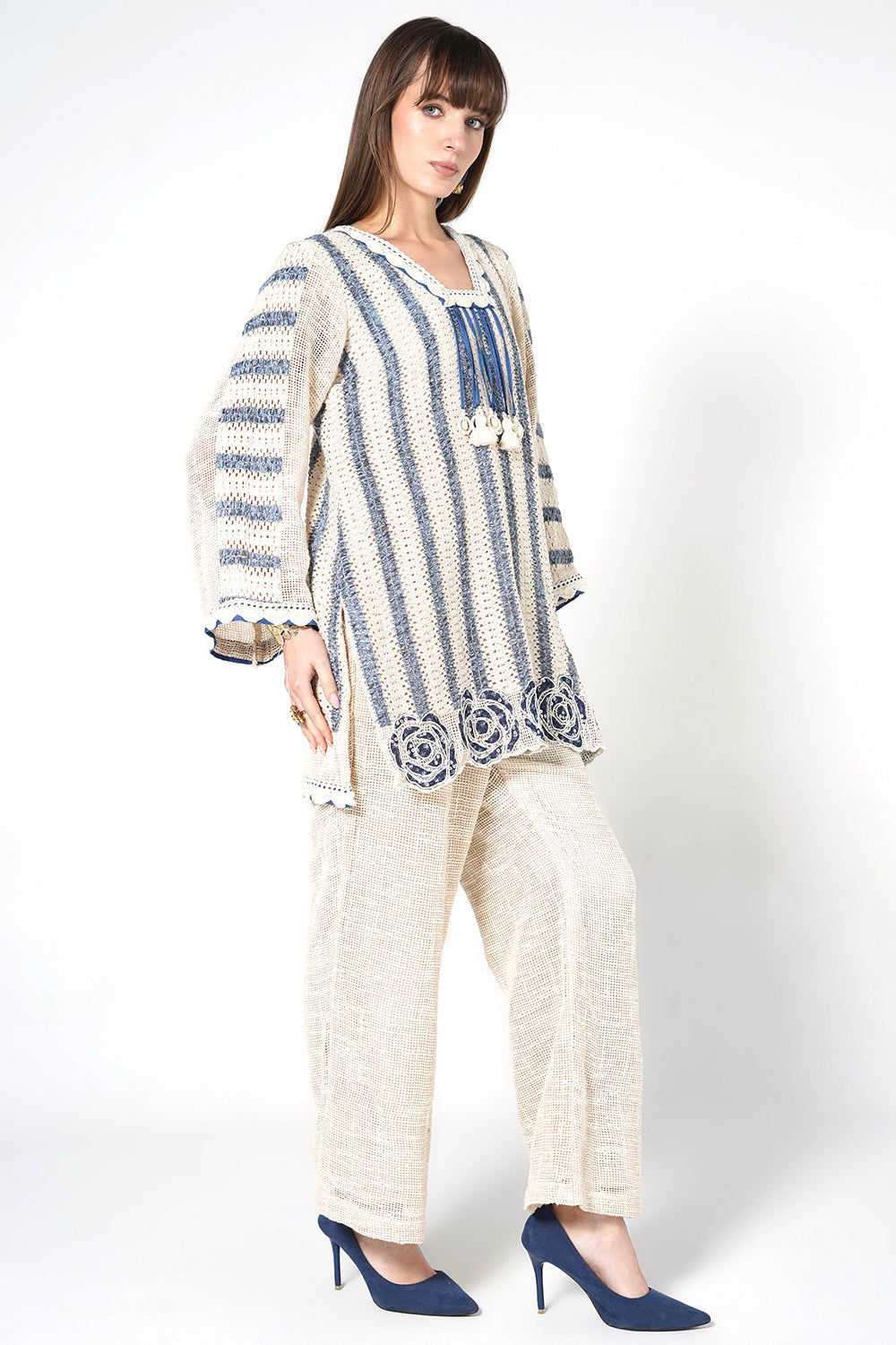 Resha Striped Jute Designer Co-Ord Set with Tassel Detail